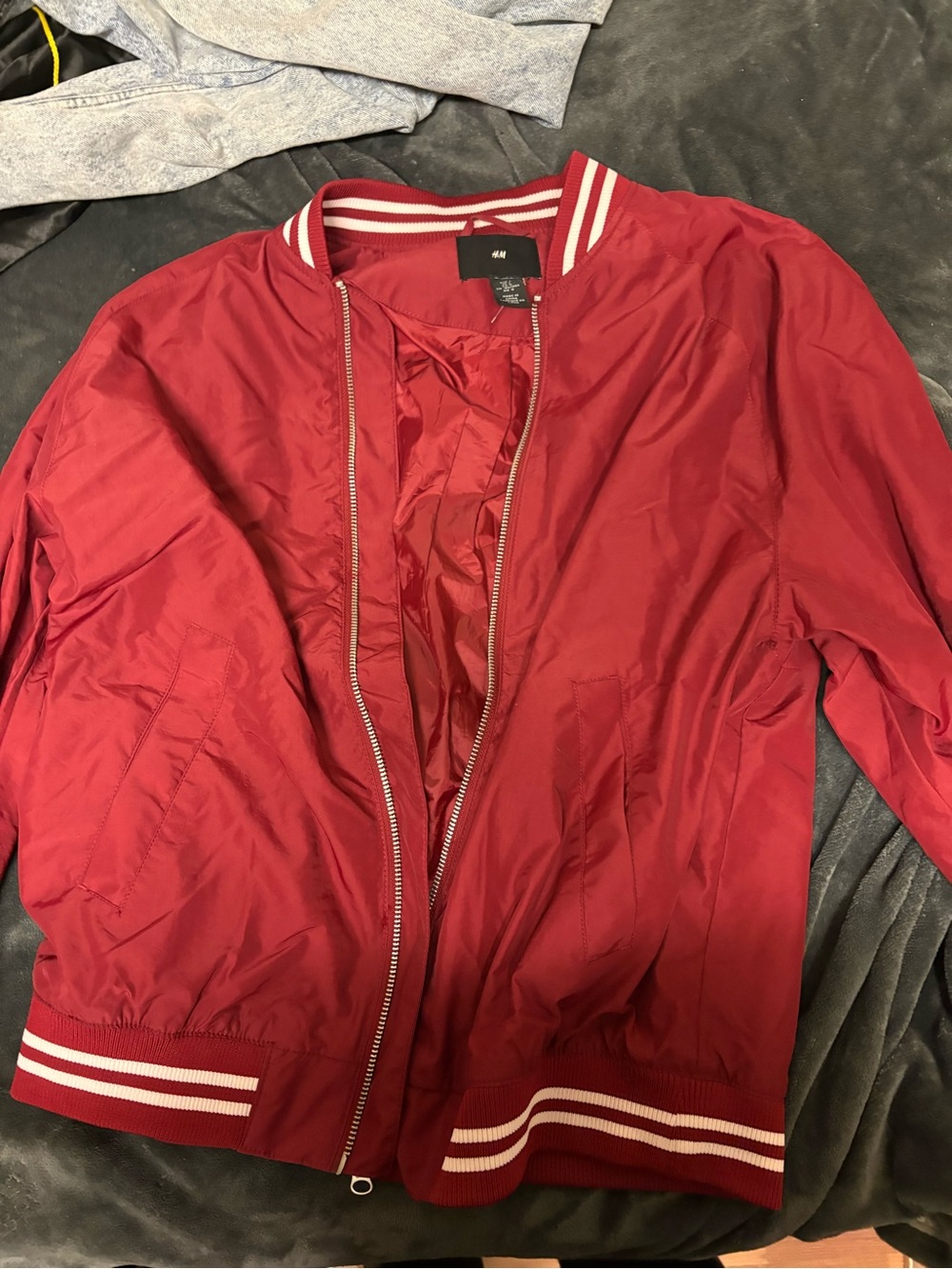 H&M Red Bomber Jacket with White Striped Ribbing